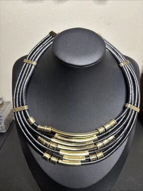 Express Black Leather Gold Tone Statement Edgy Collar Necklace